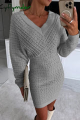 Cyflymder - Grey Casual Solid Basic V Neck Long Sleeve Dresses