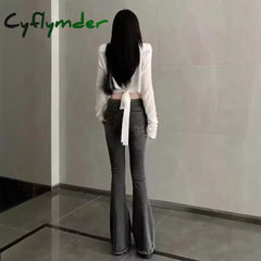 Cyflymder Grey Micro Flared Women’s Jeans Autumn New American Style Vintage Spicy Girl Low Waist Slimming Fringe