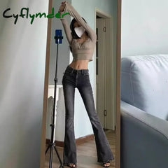 Cyflymder Grey Micro Flared Women’s Jeans Autumn New American Style Vintage Spicy Girl Low Waist Slimming Fringe