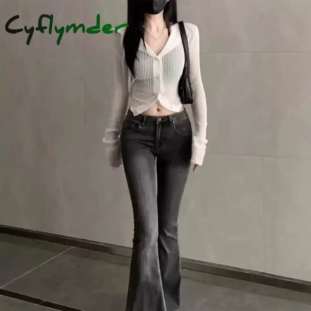 Cyflymder Grey Micro Flared Women’s Jeans Autumn New American Style Vintage Spicy Girl Low Waist Slimming Fringe