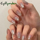 Cyflymder Grey Sparkling Cat Eye Cute Bowknot Nail Art Solid Color Fake Nails Detachable Finished False Nails Press on