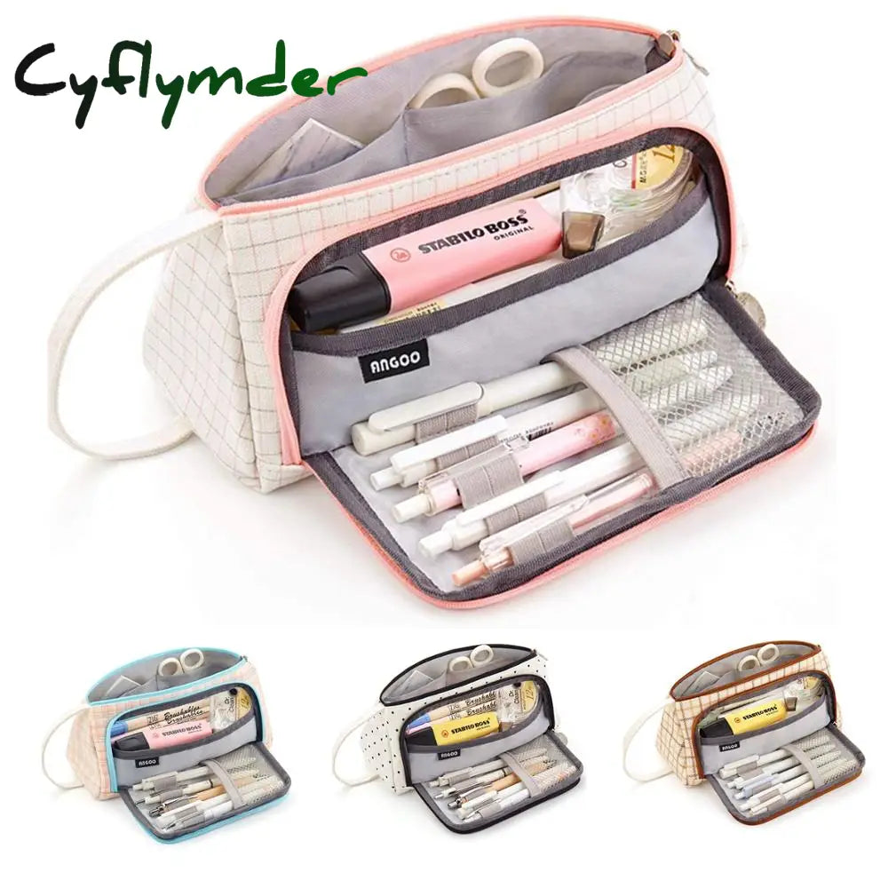 Cyflymder Grid Pen Pencil Case Multi Slot Plaid Storage Bag Big Pouch Organizer For Stationery