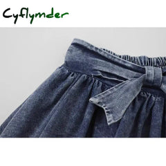Cyflymder Grunge Y2K Bow Denim Skirt With Shorts Kawaii Women Vintage Gyaru Ruffle Low Waist Sexy