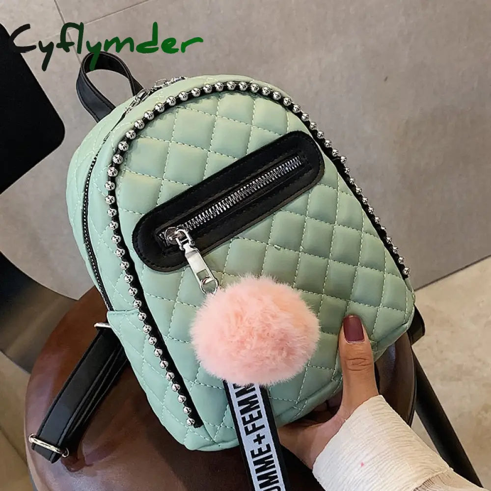 Cyflymder Hairball Tassel Women Backpack Small Diamond Pattern School Bag Backpacks For Girls