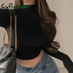 Cyflymder Half High Neck Solid Color Shoulder Simple Long Sleeve T-shirt Women Slim-fit Short Crop Shirt All over the