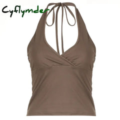 Cyflymder Halter Neck Solid Camisole Sexy Summer Backless Cropped Bustiers for Women Streetwear Chic Y2K Basic Slim