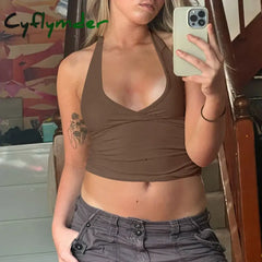 Cyflymder Halter Neck Solid Camisole Sexy Summer Backless Cropped Bustiers for Women Streetwear Chic Y2K Basic Slim