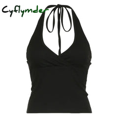 Cyflymder Halter Neck Solid Camisole Sexy Summer Backless Cropped Bustiers for Women Streetwear Chic Y2K Basic Slim