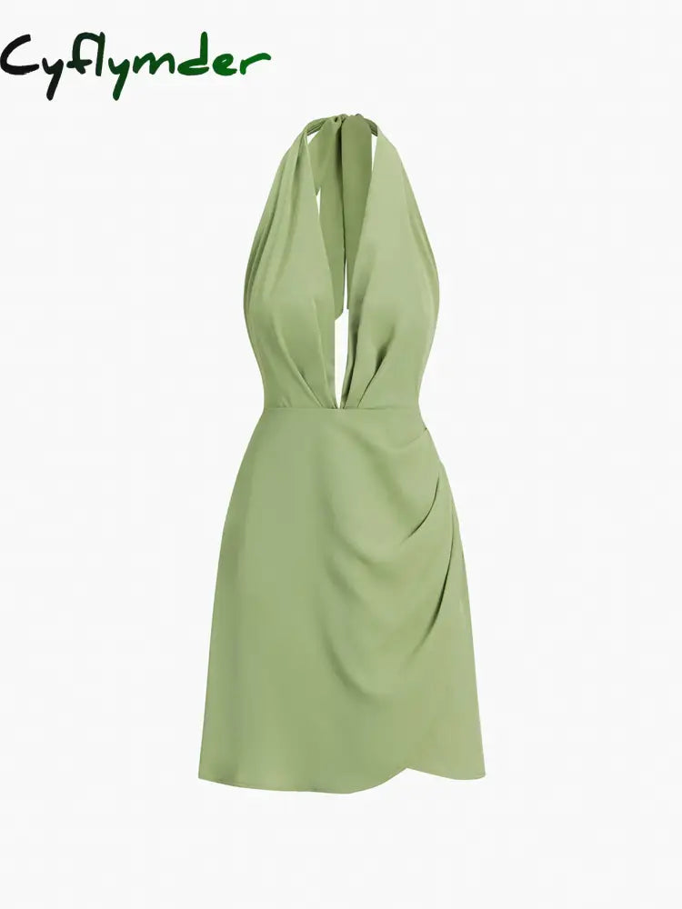 Cyflymder - Halter Ruched Open Back Short Dress Green / Xs Dresses