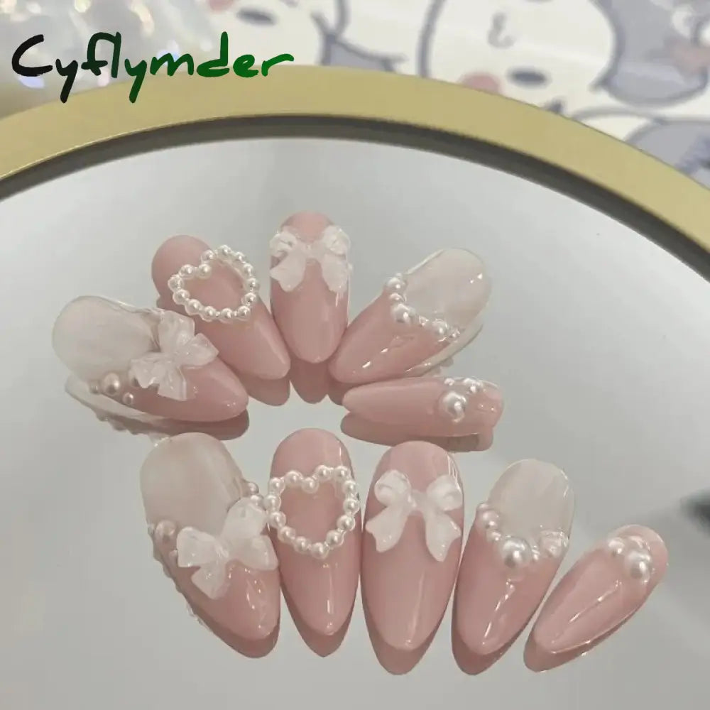 Cyflymder Handmade Custom Made False Nail Art With Pearls And Nows Wearable Pink Almond Style