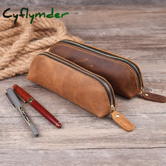 Cyflymder Handmade Genuine Leather Pencil Bag Retro Simple Stationery Holder Pen Case Storage