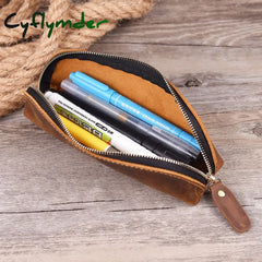 Cyflymder Handmade Genuine Leather Pencil Bag Retro Simple Stationery Holder Pen Case Storage
