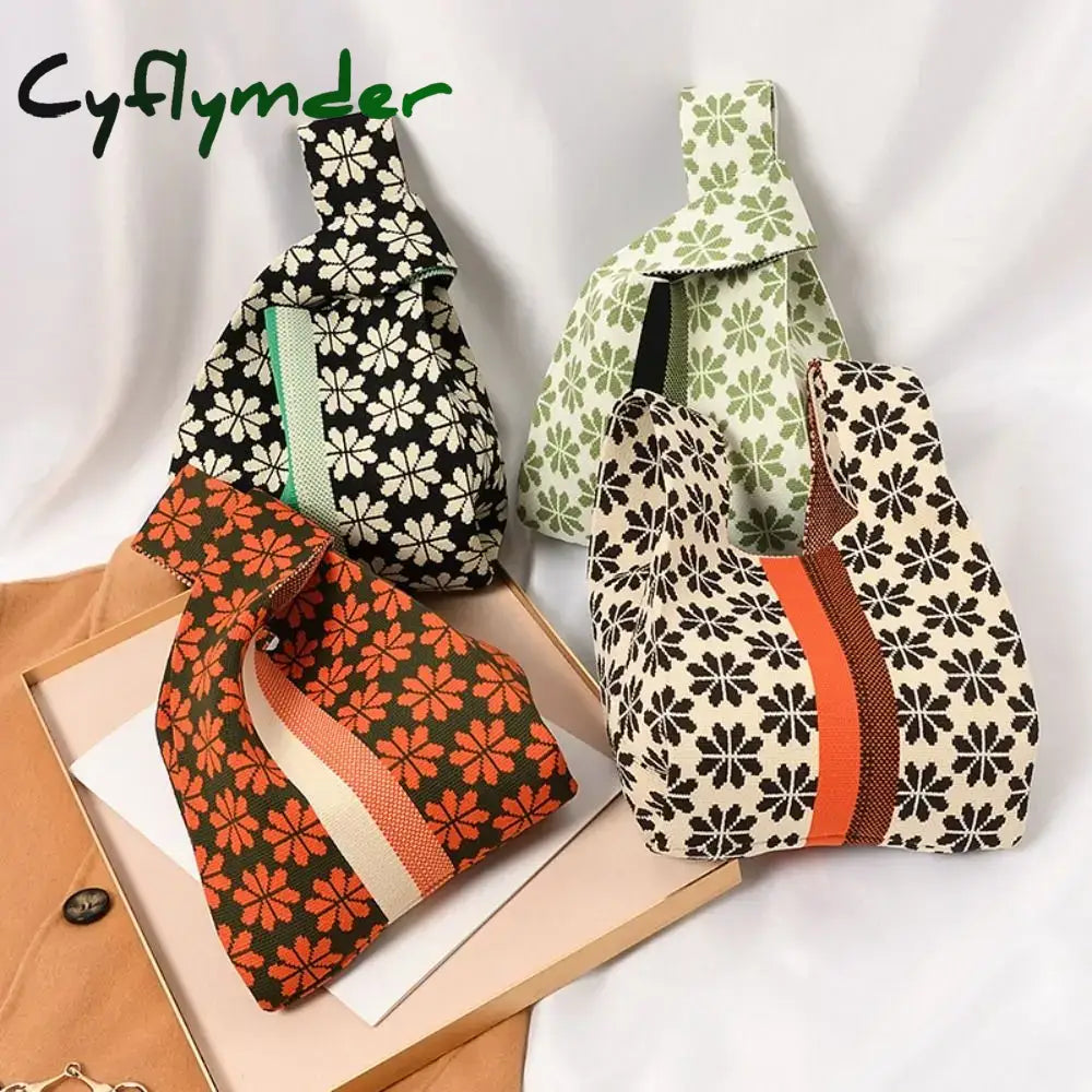 Cyflymder Handmade Knit Handbag Women Mini Flower Knot Wrist Bag Japanese Casual Color Tote Student