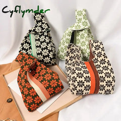 Cyflymder Handmade Knit Handbag Women Mini Flower Knot Wrist Bag Japanese Casual Color Tote Student