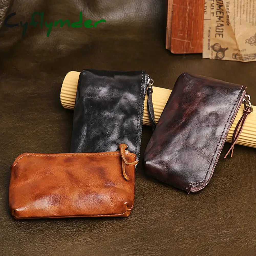 Cyflymder Handmade Original Genuine Leather Short Coin Purse Wallet Male Zipper Simple Mini Small Purse Key Bag Coin