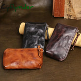 Cyflymder Handmade Original Genuine Leather Short Coin Purse Wallet Male Zipper Simple Mini Small Purse Key Bag Coin