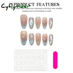 Cyflymder Handmade Press on Nails Blue Aurora Mermaid Fake Nail Patches Wearable Detachable French Pearl Almond False