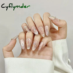 Cyflymder Handmade Press on Nails Blue Aurora Mermaid Fake Nail Patches Wearable Detachable French Pearl Almond False
