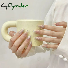 Cyflymder Handmade Press on Nails Blue Aurora Mermaid Fake Nail Patches Wearable Detachable French Pearl Almond False