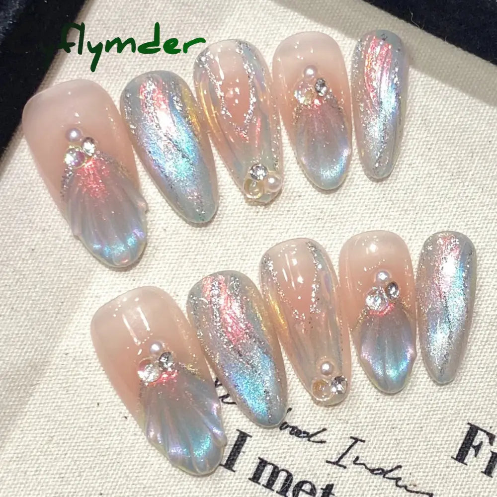 Cyflymder Handmade Press on Nails Blue Aurora Mermaid Fake Nail Patches Wearable Detachable French Pearl Almond False