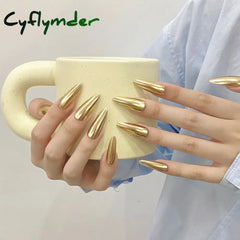 Cyflymder Handmade Press on Nails Champagne Gold Glossy Mirror Fake Nails for Women Girl Wearable Resuable Metal Color