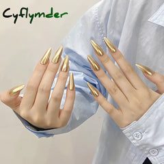 Cyflymder Handmade Press on Nails Champagne Gold Glossy Mirror Fake Nails for Women Girl Wearable Resuable Metal Color