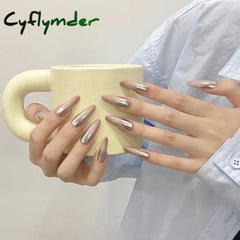 Cyflymder Handmade Press on Nails Champagne Gold Glossy Mirror Fake Nails for Women Girl Wearable Resuable Metal Color