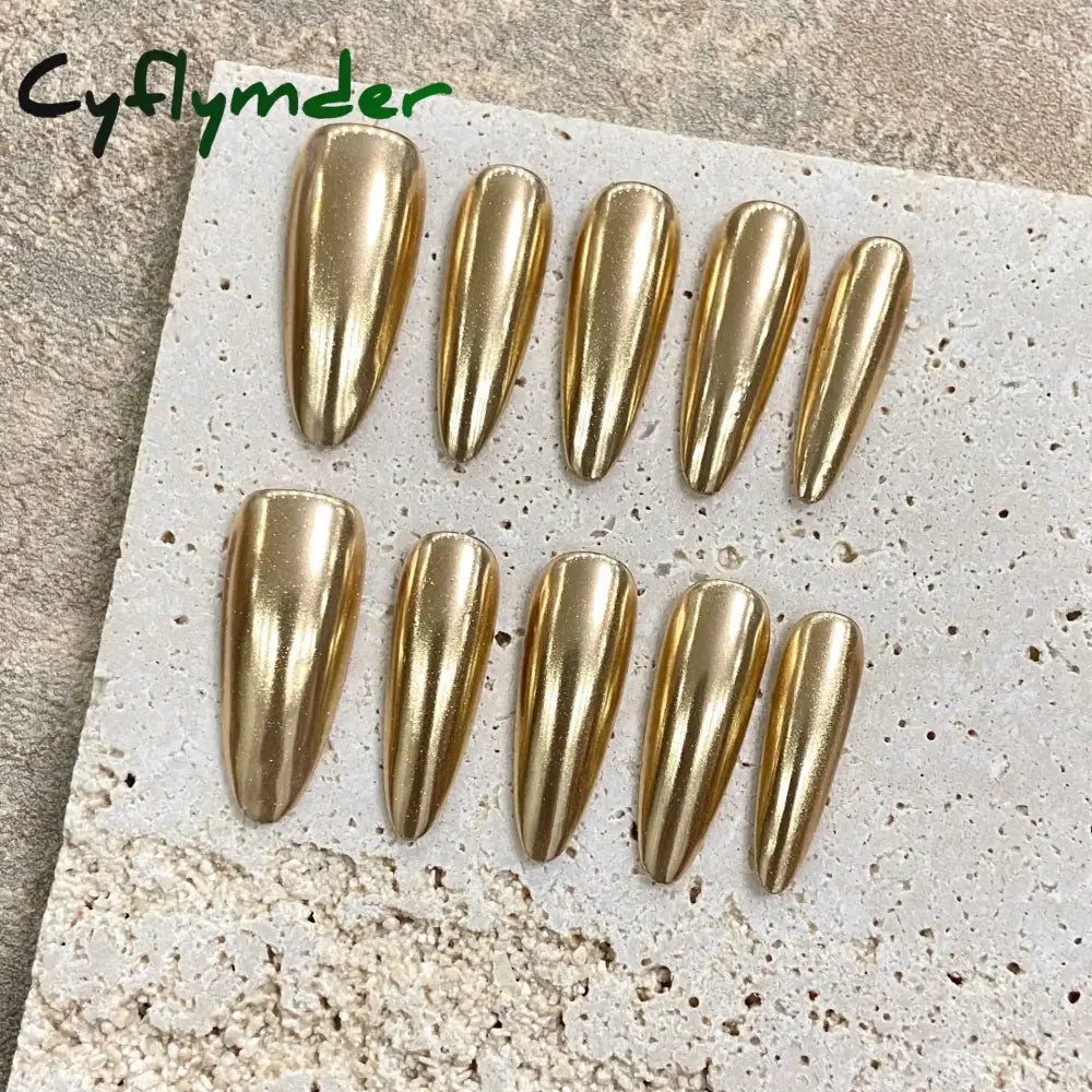 Cyflymder Handmade Press on Nails Champagne Gold Glossy Mirror Fake Nails for Women Girl Wearable Resuable Metal Color