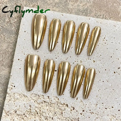 Cyflymder Handmade Press on Nails Champagne Gold Glossy Mirror Fake Nails for Women Girl Wearable Resuable Metal Color