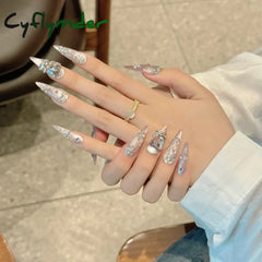 Cyflymder Handmade Press on Nails Shiny Pink Cat Eye Fake Nails for Women Girl Wearable Glitter Full Crystal Design