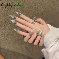 Cyflymder Handmade Press on Nails Shiny Pink Cat Eye Fake Nails for Women Girl Wearable Glitter Full Crystal Design
