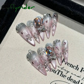 Cyflymder Handmade Press on Nails Shiny Pink Cat Eye Fake Nails for Women Girl Wearable Glitter Full Crystal Design