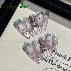 Cyflymder Handmade Press on Nails Shiny Pink Cat Eye Fake Nails for Women Girl Wearable Glitter Full Crystal Design