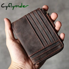Cyflymder Handmade Vintage Crazy Horse Leather Mens Designer Wallet Slim Zipper Coin Bag ID VIP Credit Card Holder