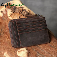 Cyflymder Handmade Vintage Crazy Horse Leather Mens Designer Wallet Slim Zipper Coin Bag ID VIP Credit Card Holder