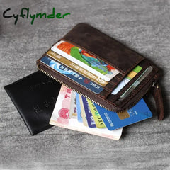 Cyflymder Handmade Vintage Crazy Horse Leather Mens Designer Wallet Slim Zipper Coin Bag ID VIP Credit Card Holder