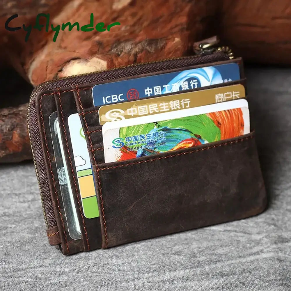 Cyflymder Handmade Vintage Crazy Horse Leather Mens Designer Wallet Slim Zipper Coin Bag ID VIP Credit Card Holder