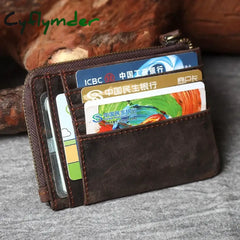 Cyflymder Handmade Vintage Crazy Horse Leather Mens Designer Wallet Slim Zipper Coin Bag ID VIP Credit Card Holder