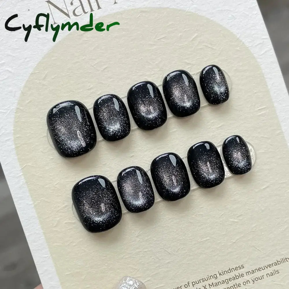 Cyflymder Handmade Y2k Press on Nails Short Korean Cat Eye Reusable Adhesive False Nails with Charm Artifical Nail Tips