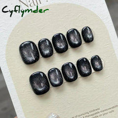 Cyflymder Handmade Y2k Press on Nails Short Korean Cat Eye Reusable Adhesive False Nails with Charm Artifical Nail Tips