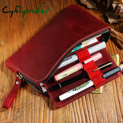 Cyflymder Handmade Zipper Pen Case Leather For Men Women Holder Pouch Vintage Box Organizer Boys