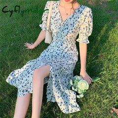 Cyflymder Harajuku Floral Dress for Women Party French Vintage Retro Office Lady Casual Club Mini Sexy Dresses Summer