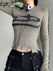 Cyflymder Harajuku Patchwork Print Long Sleeve Jumpers Ripped Vintage Sweater for Women Autumn Winter Basic Pullovers