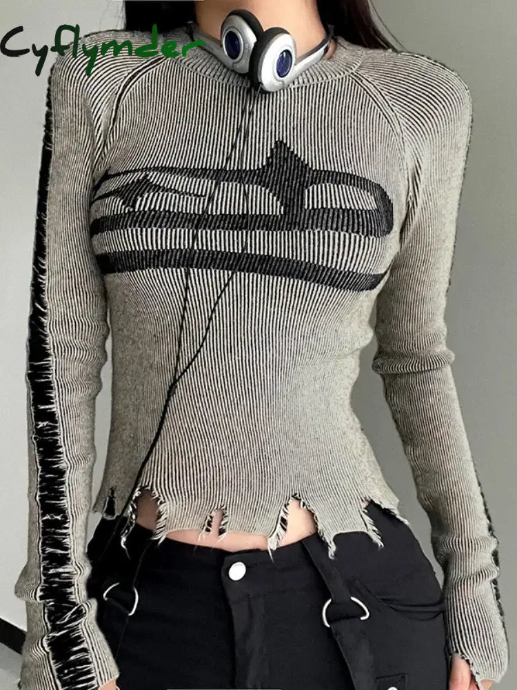 Cyflymder Harajuku Patchwork Print Long Sleeve Jumpers Ripped Vintage Sweater for Women Autumn Winter Basic Pullovers