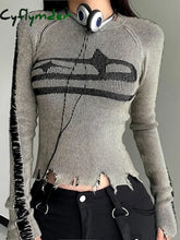 Cyflymder Harajuku Patchwork Print Long Sleeve Jumpers Ripped Vintage Sweater for Women Autumn Winter Basic Pullovers
