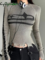 Cyflymder Harajuku Patchwork Print Long Sleeve Jumpers Ripped Vintage Sweater for Women Autumn Winter Basic Pullovers