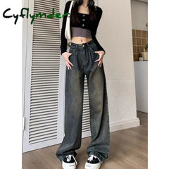Cyflymder Harajuku Retro Women’s High Waist Wide Leg Jeans Autumn Winter Thin Vintage Straight