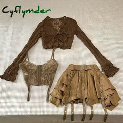 Cyflymder Harajuku Vintage Fashion 3 Piece Set Woman Short Cardigan + Slim Vest + Y2k E-Girl High Waist Skirt Hot Girls
