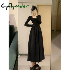 Cyflymder Hebon Black Long Sleeve Fitted Dress Elegant Women’s Medium-length Skirt Slimming Style For Autumn/winter New
