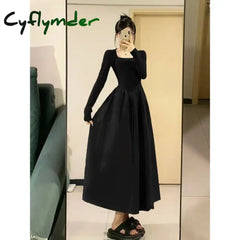 Cyflymder Hebon Black Long Sleeve Fitted Dress Elegant Women’s Medium-length Skirt Slimming Style For Autumn/winter New
